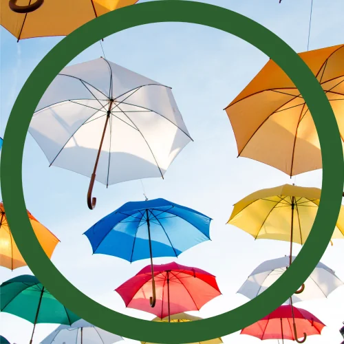 A canopy of open umbrellas against a clear sky, framed in a green ring